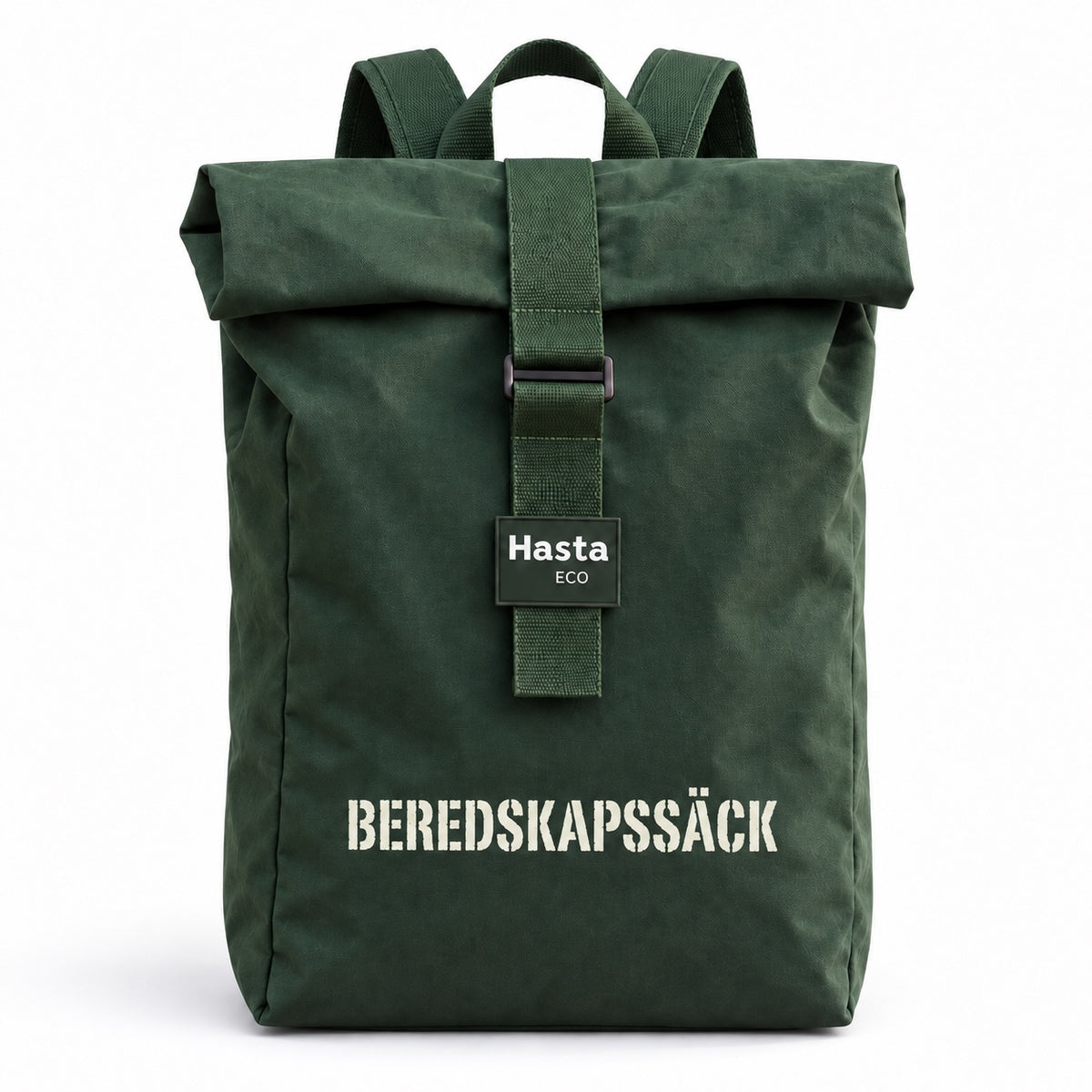Hasta Eco beredskapssäck i grön rolltop-design med BEREDSKAPSSÄCK-tryck
